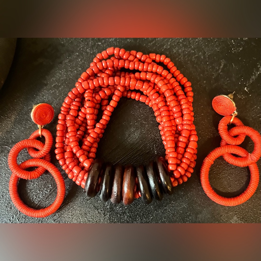Vibrant Orange Bohemian Boho Resort style stretchy Bracelet and Earring Set.